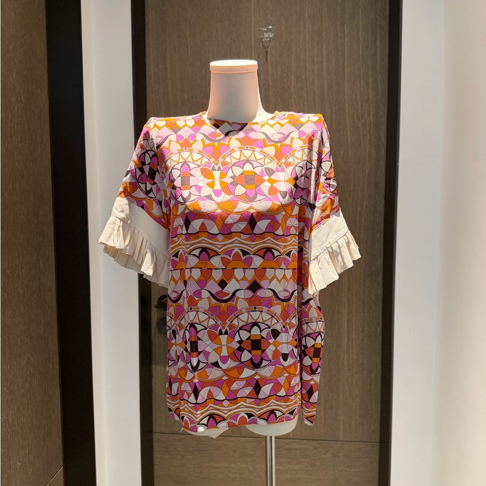 Emilio Pucci Pink Multi Geometric Ruffle Sleeve Tunic